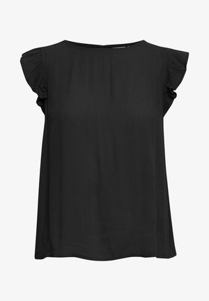 Blouse noire à manches courtes avec un col rond et des manches froncées, présentant un tissu doux et texturé ainsi qu'une coupe ample et décontractée.