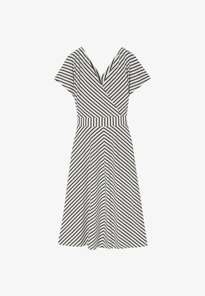 Abito a strisce bianche e nere con scollatura a V, maniche corte, design avvolgente e una cintura coordinata in vita, caratterizzato da una gonna svasata.