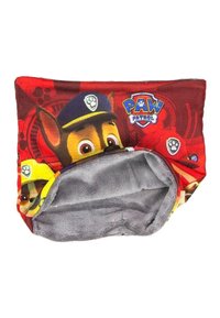 Sac de rangement en polaire rouge avec des personnages de Paw Patrol, doté d'un intérieur doux gris, conçu pour maintenir les objets en toute sécurité.