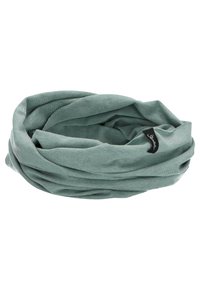Scarf verde a cerchio realizzato in materiale morbido, caratterizzato da una texture liscia e un piccolo etichetta del marchio sul bordo.