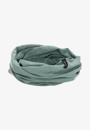 Scarf verde a cerchio realizzato in materiale morbido, caratterizzato da una texture liscia e un piccolo etichetta del marchio sul bordo.