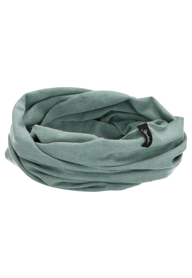 Scarf verde a cerchio realizzato in materiale morbido, caratterizzato da una texture liscia e un piccolo etichetta del marchio sul bordo.