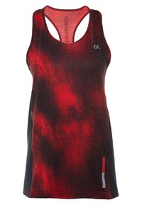 Rød og sort atletisk tanktop med splattermønster, racerback-design og kontrasterende sideløsninger. Fremstillet af letvægts, åndbart materiale.