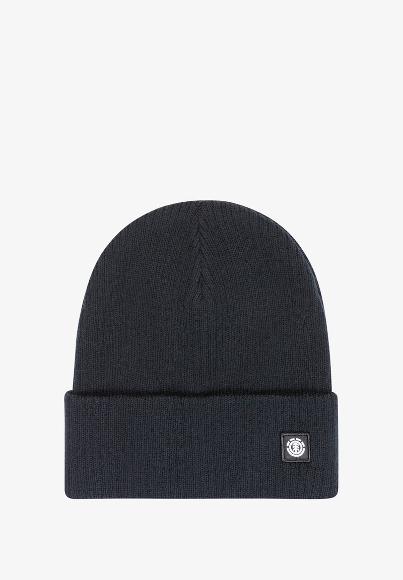 Black knit beanie with a folded cuff and a small, square logo patch. Features a smooth texture and a seamless, tapered design.