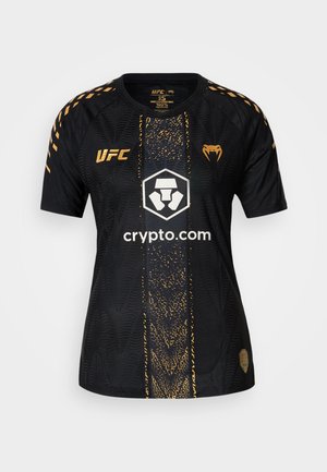 Zwart atletisch shirt van polyester met gouden accenten, voorzien van een gestructureerd patroon, ronde hals en UFC-logo op de voorkant.