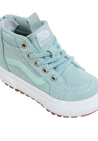 Zapatilla alta de ante azul claro con suela de goma blanca, que presenta costuras verdes, ojales de metal y cordones con estampado.