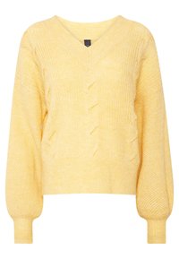 Pull jaune tricoté avec un col en V, un motif texturé et des manches ballon. Texture légère et douce ; comprend des poignets et un ourlet côtelés.