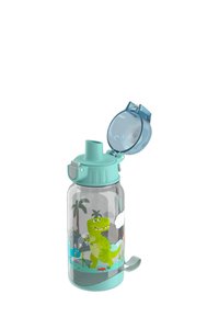 Plastikwasserflasche mit durchsichtigem Körper, mintgrünem Deckel und Boden, geschmückt mit Dinosaurierillustrationen und einem blauen Klappdeckel.