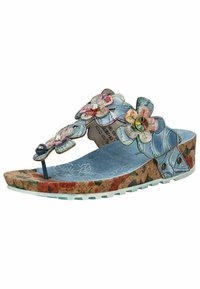 Tongs bleues ornées de fleurs avec une semelle intermédiaire en liège et un support de pied texturé, dotées de délicates fleurs multicolores et d'une sangle réglable.