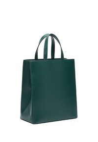 Zielona torba do ręki z gładkiej skóry, o prostokątnym kształcie i dwoma górnymi uchwytami. Brak widocznych metalowych elementów i wzorów.