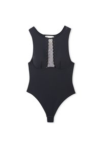 Black sleeveless bodysuit with mesh panel and gold ring detailing down the center front, underwire bust, and snap closure at crotch.