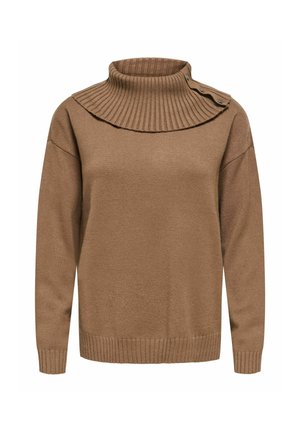 Bruine trui met een geribde col en een decoratieve kraag. Heeft drop shoulders en geribde manchetten en zoom. Zacht, gestructureerd materiaal.