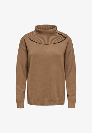 Hnědý svetr s žebrovaným rolákem a dekorativními límci. Má spadlá ramena a žebrované manžety a lem. Měkká, strukturovaná tkanina.