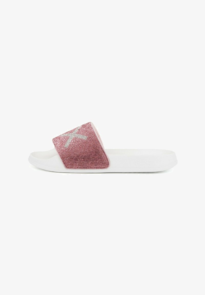 Infradito rosa con una fascetta testurizzata e scintillante e una suola in gomma bianca. La fascetta ha una forma triangolare ed è impreziosita da un logo.