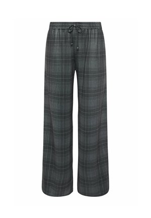 Pantalon de pyjama à carreaux gris foncé avec taille élastique et cordon noir, coupe ample et jambes droites.