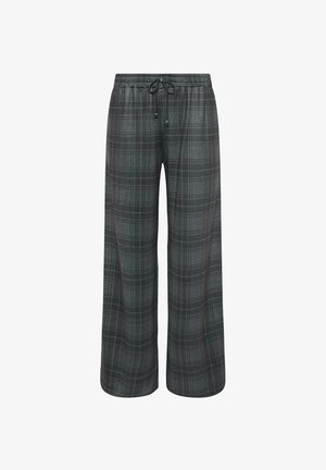 Pantalones de pijama a cuadros gris oscuro con cintura elástica y cordón negro, ajuste holgado y piernas rectas.