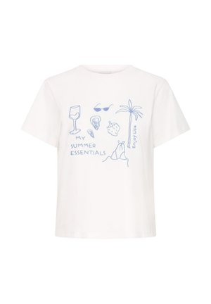 Tricou alb cu desene albastre liniate ale unui pahar de vin, ochelari de soare, scoică, căpșună, palmier, bikini și textul "ESENȚIALELE MELE DE VARĂ" și "Bucură-te de viață".