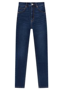 Vaqueros de mezclilla azul oscuro con cintura alta, corte ajustado, cinco bolsillos y costuras de color naranja que contrastan a lo largo de las costuras.
