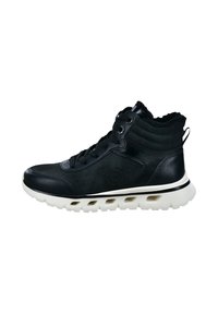 Black high-top sneakers featuring a mix of leather and suede, a textured upper, flexible white sole with cutouts, and lace-up closure.