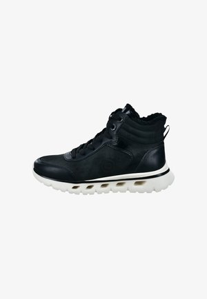 Black high-top sneakers featuring a mix of leather and suede, a textured upper, flexible white sole with cutouts, and lace-up closure.