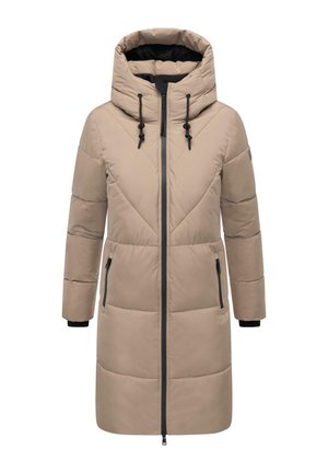 Beige gewatteerde jas met capuchon, frontrits, twee zijzakken en zwarte accenten op de manchetten; beschikt over een ruitvormig quiltontwerp.