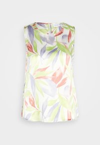 Top bez ramion z lekkiego materiału w wielokolorowy wzór liści. Posiada okrągły dekolt i zapięcie na guziki z tyłu. Dominujące kolory to zieleń, róż i fiolet.