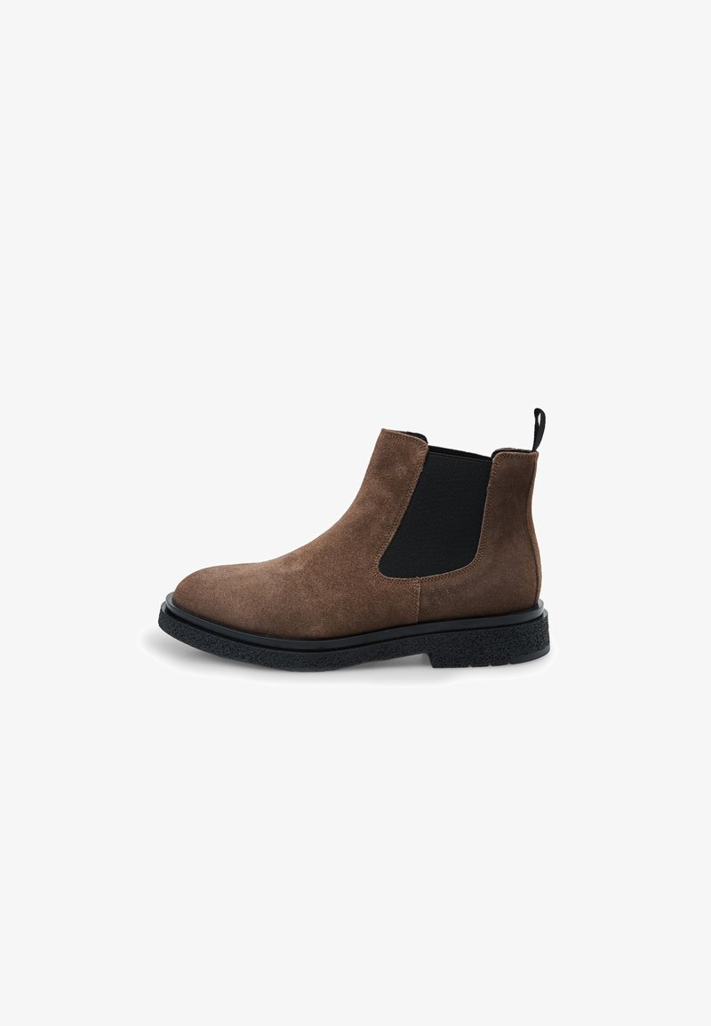 Rudos zomšiniai aukšti batai su elastinėmis šoninėmis dalimis ir tvirtu juodu guminiu padu. Be to, jie turi nugarinį kilputės, kad būtų patogu apsiauti.