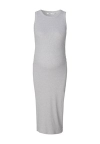 Robe de maternité grise mi-longue jusqu'aux genoux, à silhouette ajustée, sans manches, en tissu doux et extensible mélange de coton.