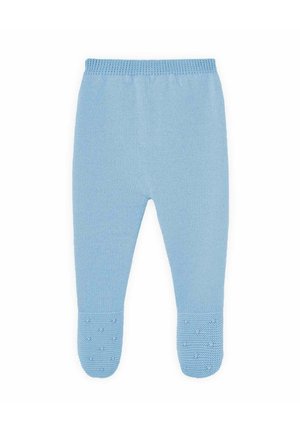 Pantalons pour bébé en tricot bleu clair avec pieds intégrés et points antidérapants texturés sur les semelles, conçus pour les nourrissons.