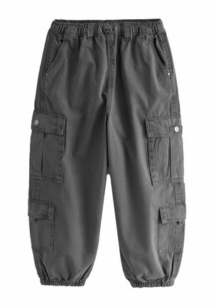 Grau Cargo-Hosen mit einem elastischen Bund, Zugbändchen, mehreren Seitentaschen und schmal zulaufenden Bündchen. Hergestellt aus strapazierfähigem Stoff.