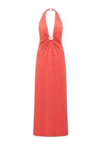 Coral halter dress with a deep V-neck and a central ring detail. Made from a smooth, lightweight fabric. Floor-length design.