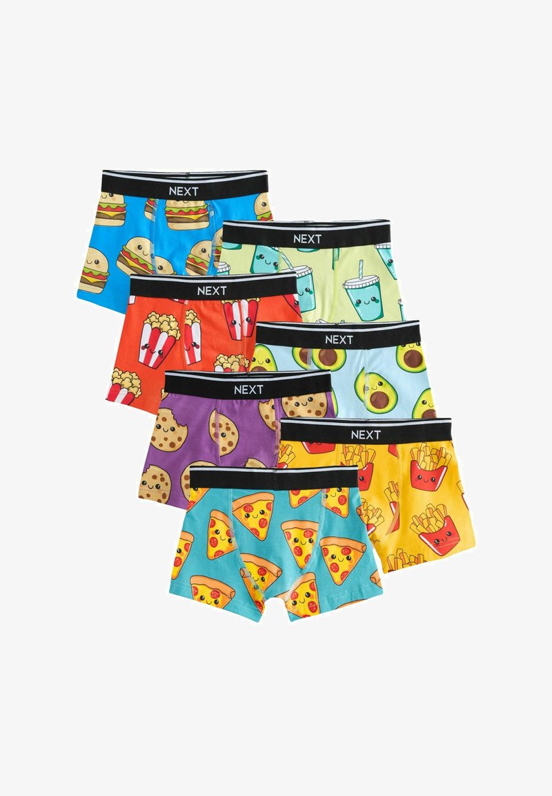Zeven paar kleurrijke boxershorts met zwarte taillebanden, elk met tekenfilm voedingspatronen zoals hamburgers, frietjes, pizza, popcorn, koekjes, avocado en drankjes.