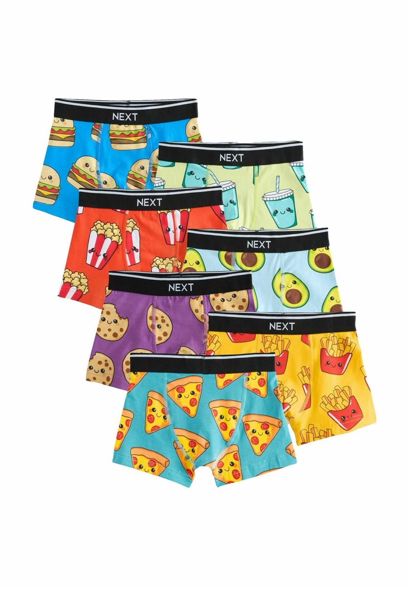 Farebné bavlnené boxerky s rôznymi grafickými motívmi jedla: burgre, hranolky, pizza a nápoje, s čiernym elastickým pásom s nápisom "NEXT."