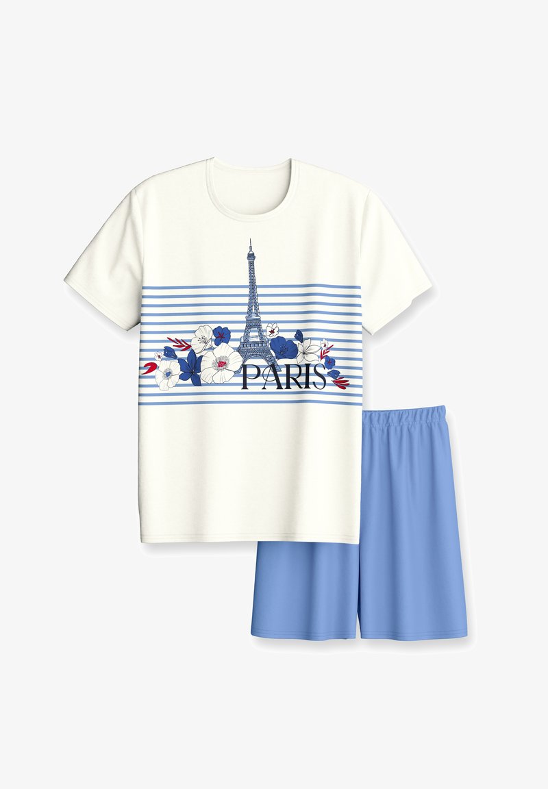 Weißes kurzärmeliges Hemd mit blauen horizontalen Streifen, Eiffelturm-Grafik, florales Design, "PARIS"-Schriftzug, kombiniert mit einfarbigen hellblauen Shorts.