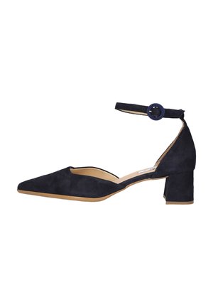 Chaussure en daim noir à petit talon carré, bout pointu et bride autour de la cheville avec boucle ronde.