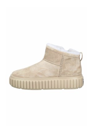 Beige Wildleder-Ankle-Boot mit einem gemütlichen weißen Futter aus Kunstfell, flacher beigefarbener Sohle und gestickten Details an der Seite. Schlaufe an der Ferse für einfaches An- und Ausziehen.