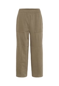 Pantalones de mezcla de algodón color caqui con cintura elástica, que presentan dos bolsillos de parche frontales, un ajuste relajado y una textura suave.