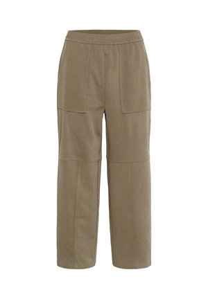 Pantaloni dintr-un amestec de bumbac khaki cu talie elastică, având două buzunare frontale aplicate, o croială lejeră și o textură netedă.