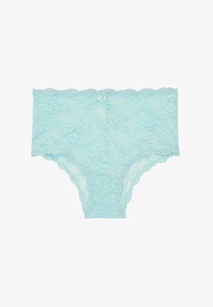 Světlé modré krajkové kalhotky s květinovými vzory, vlnitými okraji a malou mašlí uprostřed vpředu. Měkká, průhledná textilie.