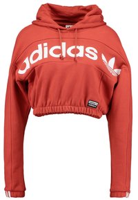 Röd kort sweatshirt med huva, med en vit adidas-logotyp över bröstet, elastisk nederkant och ribbade ärmslut.