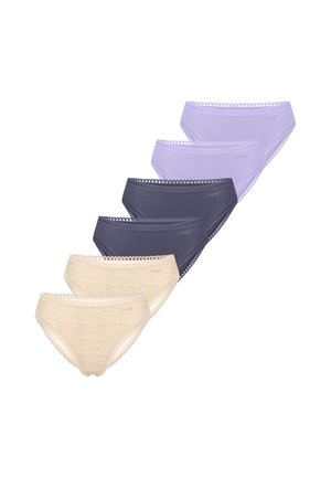 Six women's bikini-style underwear in beige, dark gray, and light purple colors arranged in two rows on a white background.
