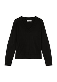 Schwarzer V-Ausschnitt-Pullover mit langen Ärmeln, geripptem Kragen und Bündchen, aus weichem Stoff gefertigt, mit entspannter Passform und kurzem Saum.