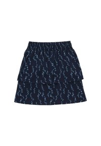 Jupe à couches bleu marine avec une taille élastique, ornée d'un motif floral en bleu clair. Fabriquée en tissu léger avec une texture lisse.