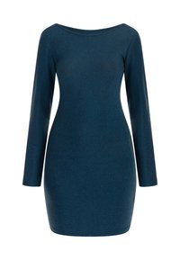 Sötét teal színű, hosszú ujjú ruha, amely szűk szabású és csónaknyakú. Az anyag finom fényt ad, hangsúlyozva az elegáns kialakítást.