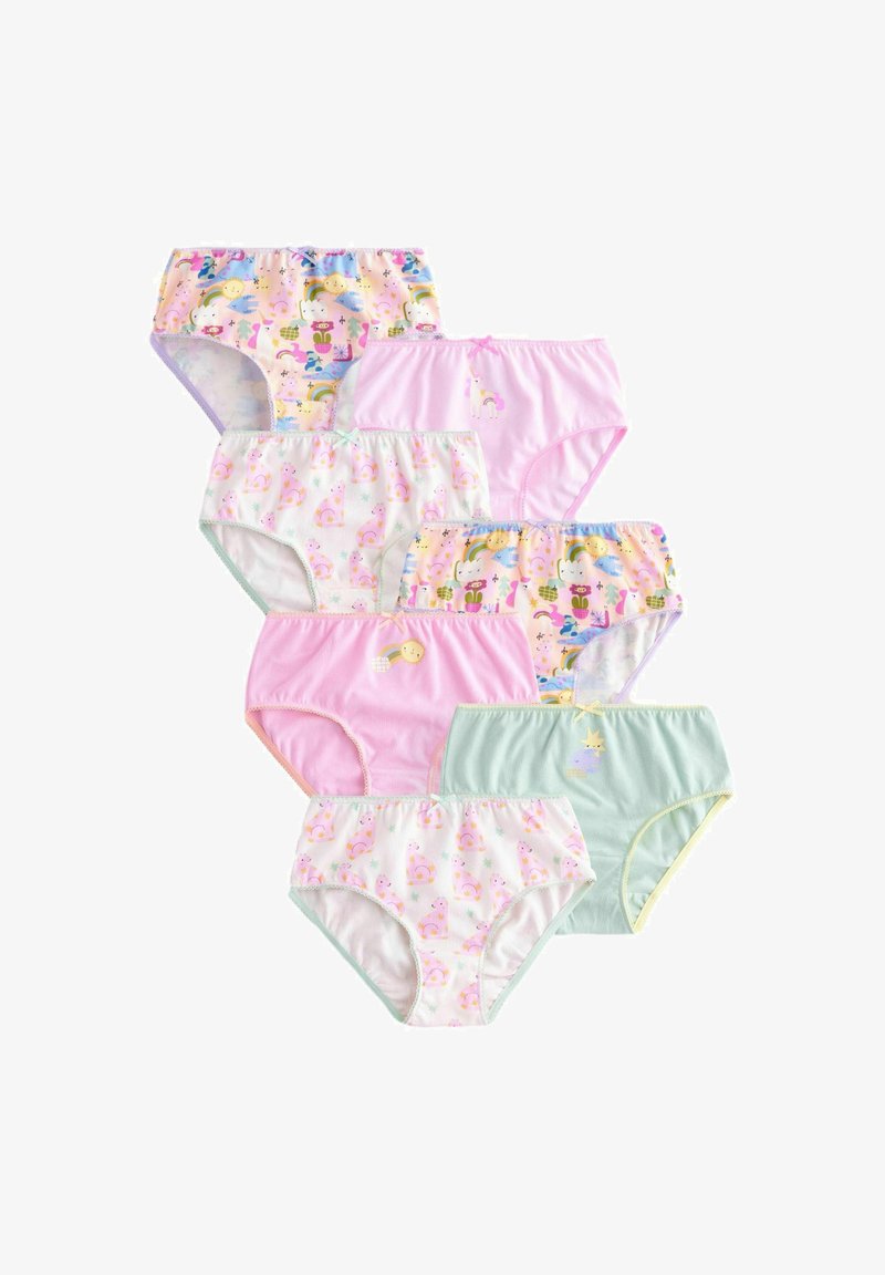 Siete pares de calzoncillos infantiles coloridos con estampados de animales y arcoíris, dispuestos sobre un fondo blanco.