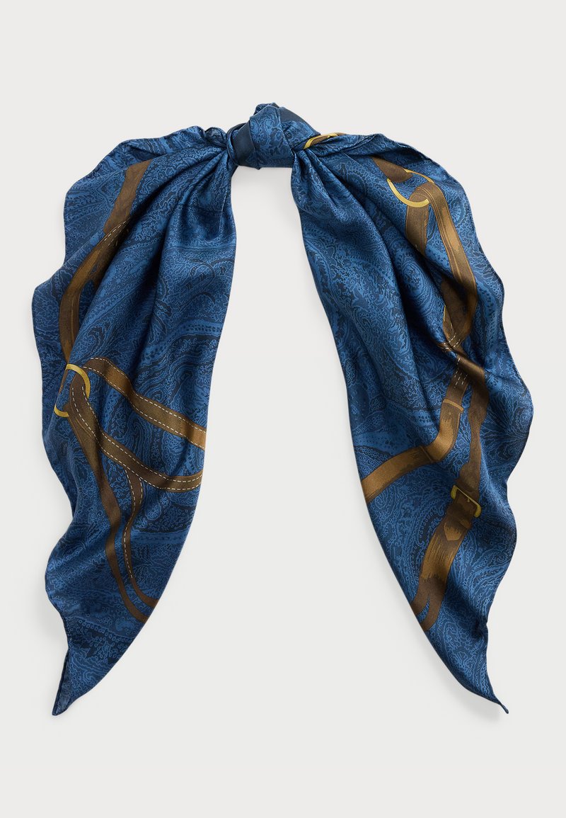 Temno modri svilen šal z vzorcem paisley, ki ima rjave trakove in zavezano središče. Mehka tekstura in tekoča zasnova.