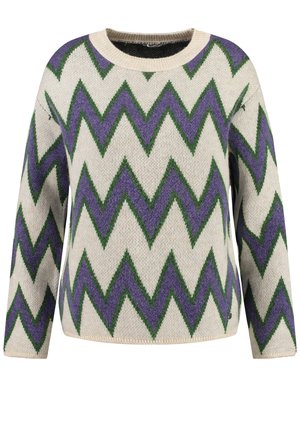 Cremefarbener Strickpullover mit grünem und lila Zickzackmuster, Rundhalsausschnitt und langen Ärmeln.
