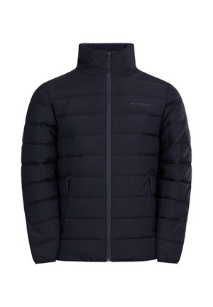 Marineblaue gepolsterte Jacke mit hohem Kragen, Frontreißverschluss und zwei Seitentaschen. Verfügt über horizontale Nahtstickerei und Logodetails.