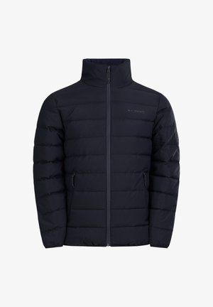 Marine gewatteerde jas met hoge kraag, voorkeursrits en twee zijzakken. Beschikt over horizontale stiknaad en logo-details.