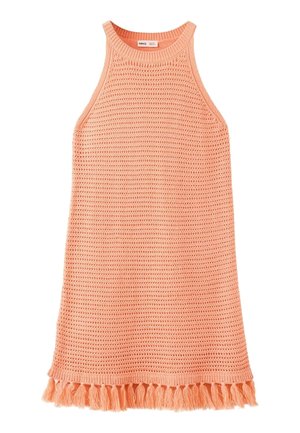 Robe en crochet pêche sans manches avec col rond et bordure à franges le long de l'ourlet.